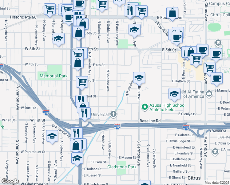 map of restaurants, bars, coffee shops, grocery stores, and more near 211 North Pasadena Avenue in Azusa