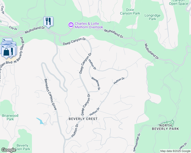 map of restaurants, bars, coffee shops, grocery stores, and more near 9684 Wendover Drive in Beverly Hills