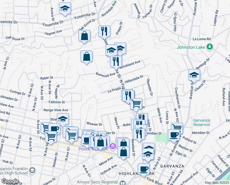 map of restaurants, bars, coffee shops, grocery stores, and more near 6060 La Prada in Los Angeles