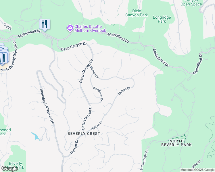 map of restaurants, bars, coffee shops, grocery stores, and more near 9697 Moorgate Road in Beverly Hills