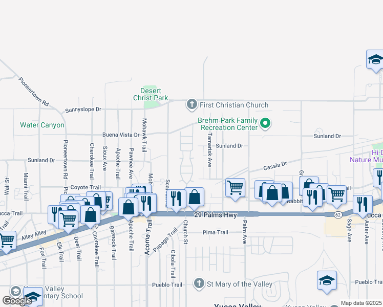map of restaurants, bars, coffee shops, grocery stores, and more near 56425 29 Palms Highway in Yucca Valley