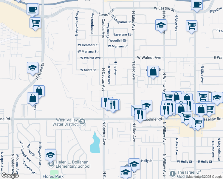 map of restaurants, bars, coffee shops, grocery stores, and more near 662 West Virginia Street in Rialto