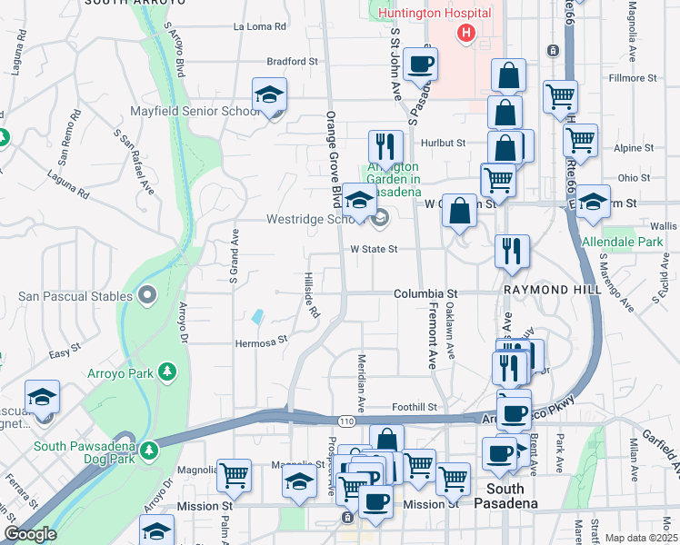 map of restaurants, bars, coffee shops, grocery stores, and more near 1215 South Orange Grove Boulevard in Pasadena