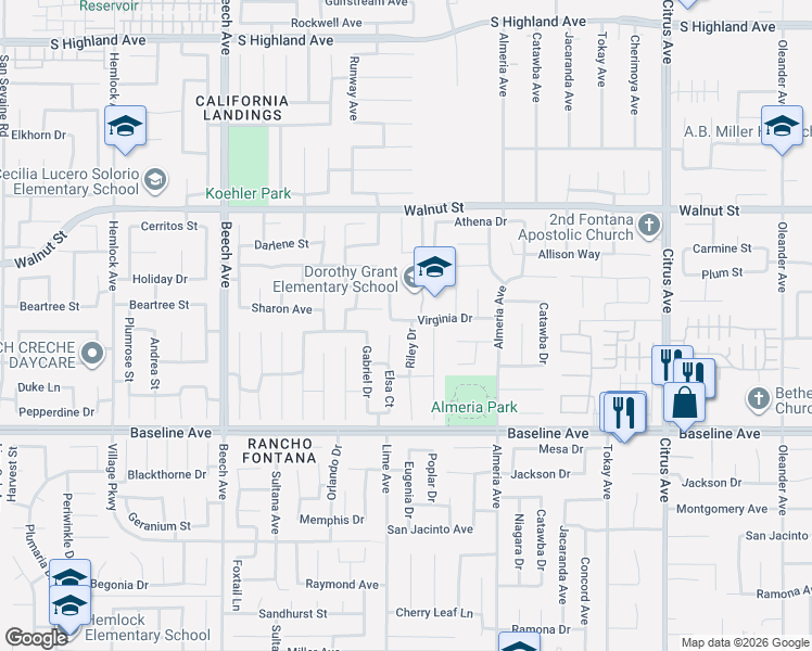 map of restaurants, bars, coffee shops, grocery stores, and more near 7112 Riley Drive in Fontana