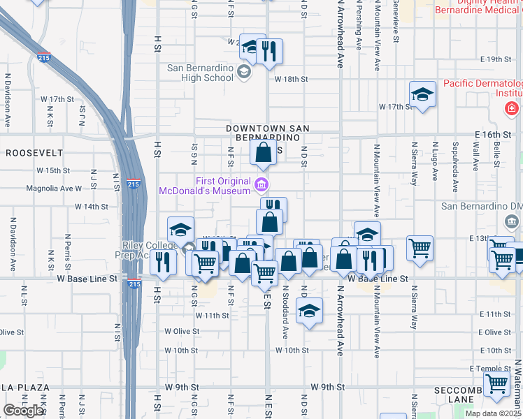 map of restaurants, bars, coffee shops, grocery stores, and more near in San Bernardino