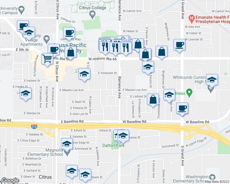 map of restaurants, bars, coffee shops, grocery stores, and more near 18834 East Mauna Loa Avenue in Azusa