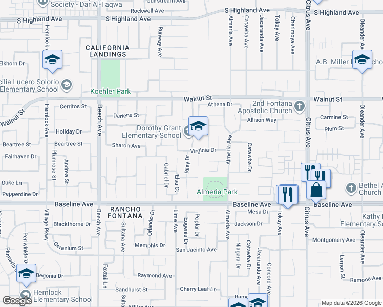 map of restaurants, bars, coffee shops, grocery stores, and more near 7103 Riley Drive in Fontana