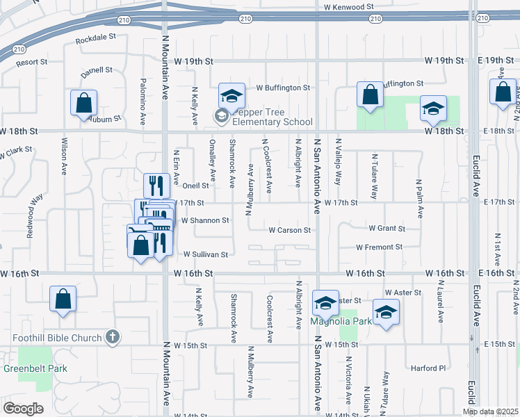 map of restaurants, bars, coffee shops, grocery stores, and more near 952 West 17th Street in Upland