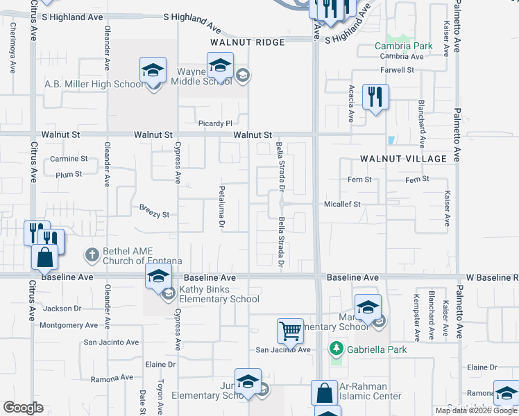 map of restaurants, bars, coffee shops, grocery stores, and more near 16730 Mesa Oak Lane in Fontana