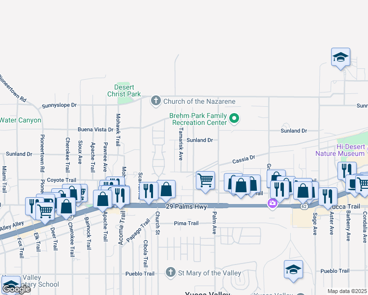 map of restaurants, bars, coffee shops, grocery stores, and more near 7067 Tamarisk Avenue in Yucca Valley