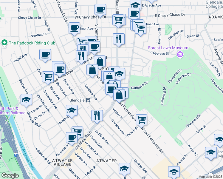 map of restaurants, bars, coffee shops, grocery stores, and more near 3720 San Fernando Road in Glendale