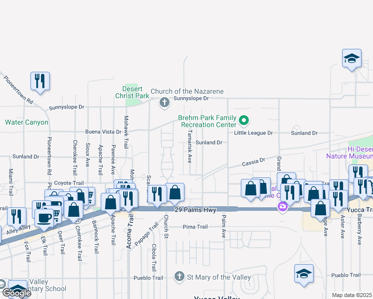 map of restaurants, bars, coffee shops, grocery stores, and more near 7064 Tamarisk Avenue in Yucca Valley