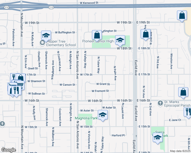 map of restaurants, bars, coffee shops, grocery stores, and more near 588 West 17th Street in Upland