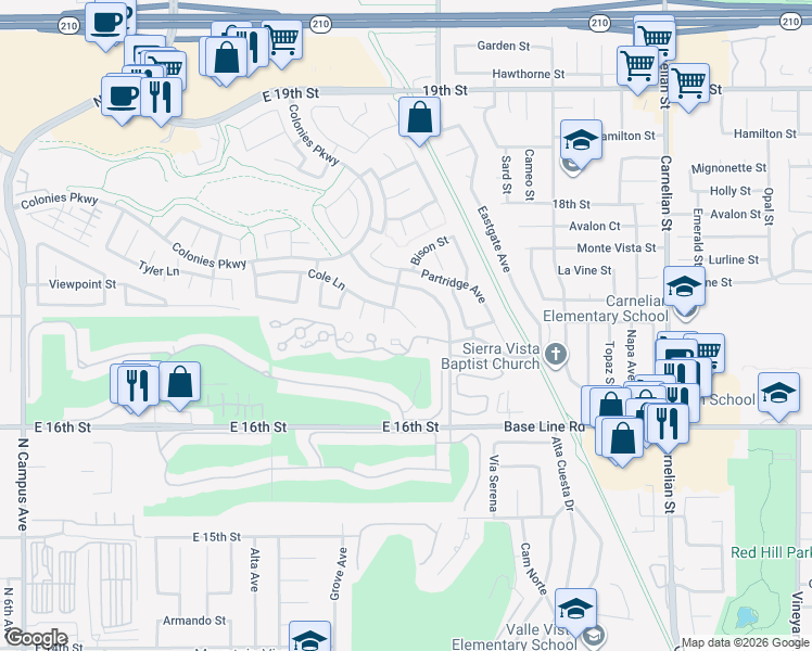 map of restaurants, bars, coffee shops, grocery stores, and more near 1526 Cole Lane in Upland
