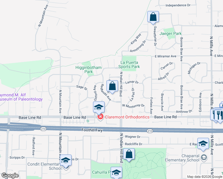map of restaurants, bars, coffee shops, grocery stores, and more near 2270 Tulsa Avenue in Claremont
