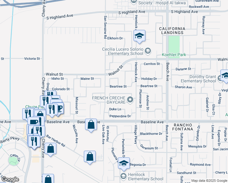 map of restaurants, bars, coffee shops, grocery stores, and more near 14956 Fairhaven Drive in Fontana