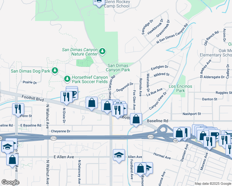 map of restaurants, bars, coffee shops, grocery stores, and more near 730 Dogwood Drive in La Verne