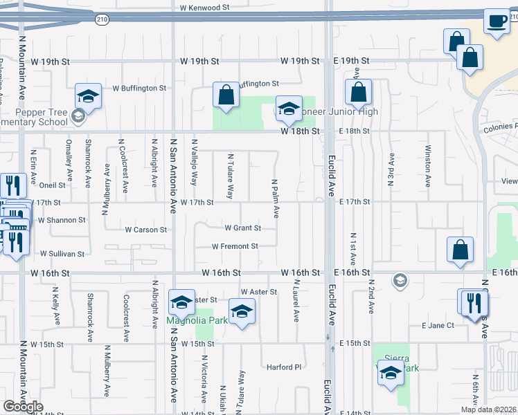 map of restaurants, bars, coffee shops, grocery stores, and more near 276 West 17th Street in Upland