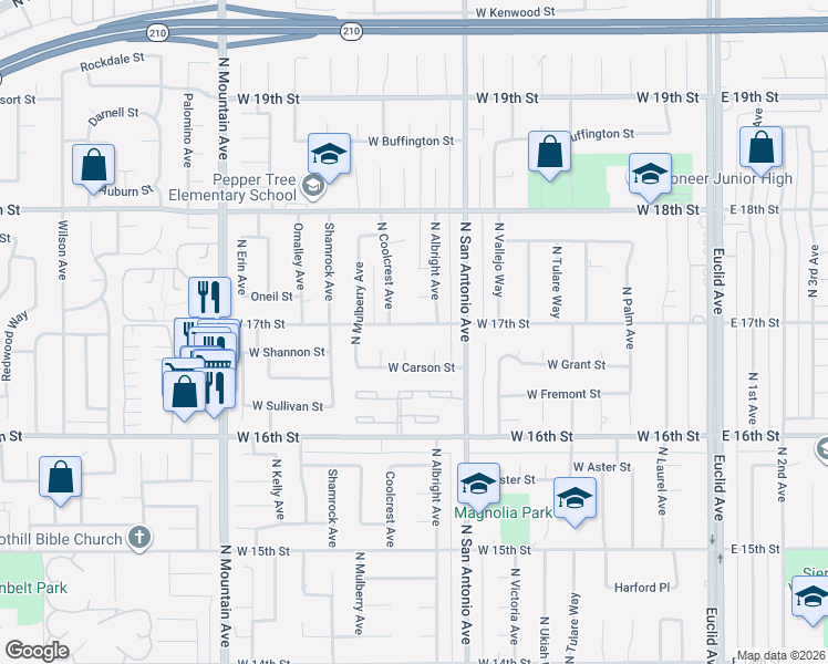 map of restaurants, bars, coffee shops, grocery stores, and more near 882 West 17th Street in Upland