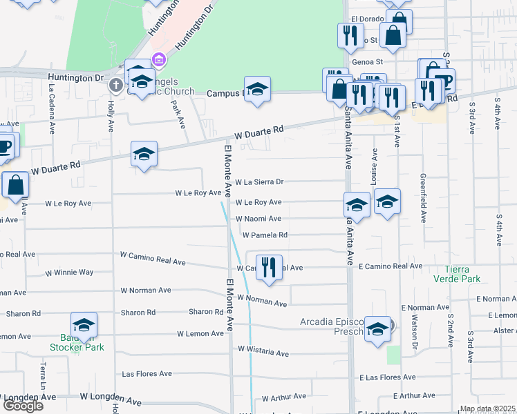 map of restaurants, bars, coffee shops, grocery stores, and more near 146 West Le Roy Avenue in Arcadia