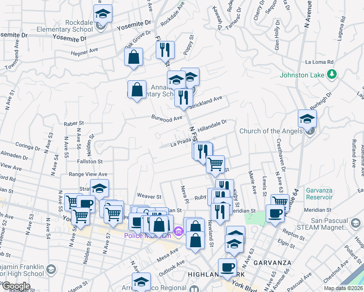 map of restaurants, bars, coffee shops, grocery stores, and more near 6060 La Prada in Los Angeles