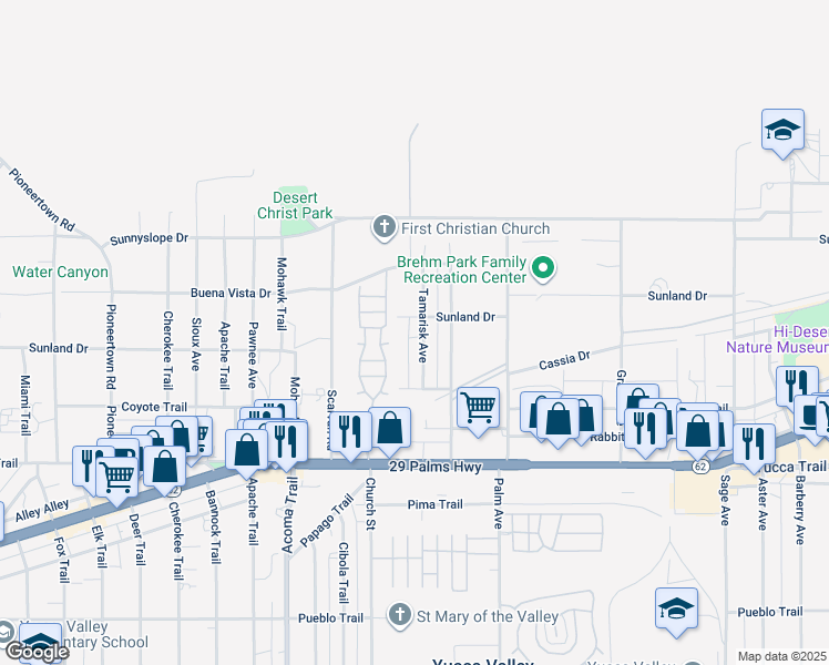 map of restaurants, bars, coffee shops, grocery stores, and more near 7064 Tamarisk Avenue in Yucca Valley