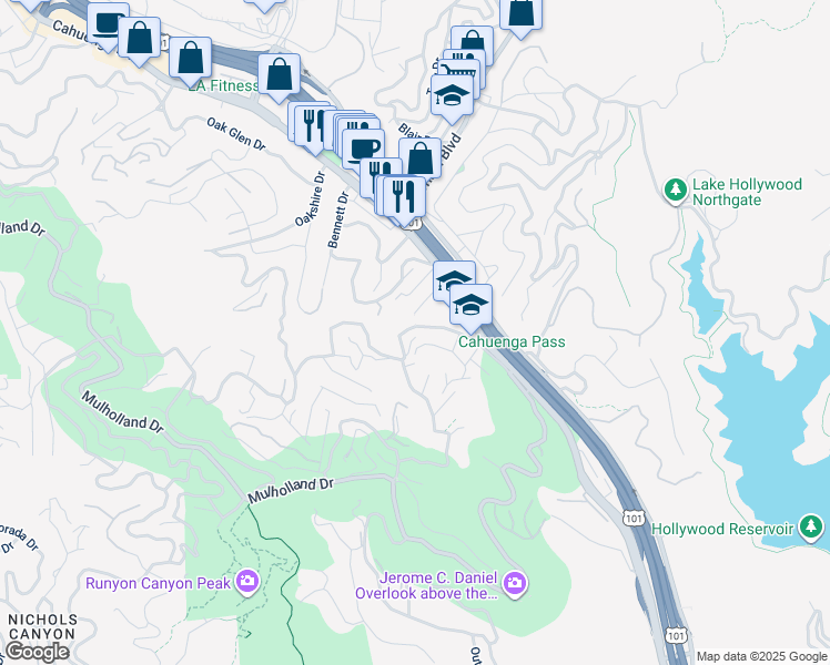 map of restaurants, bars, coffee shops, grocery stores, and more near 6969 Woodrow Wilson Drive in Los Angeles