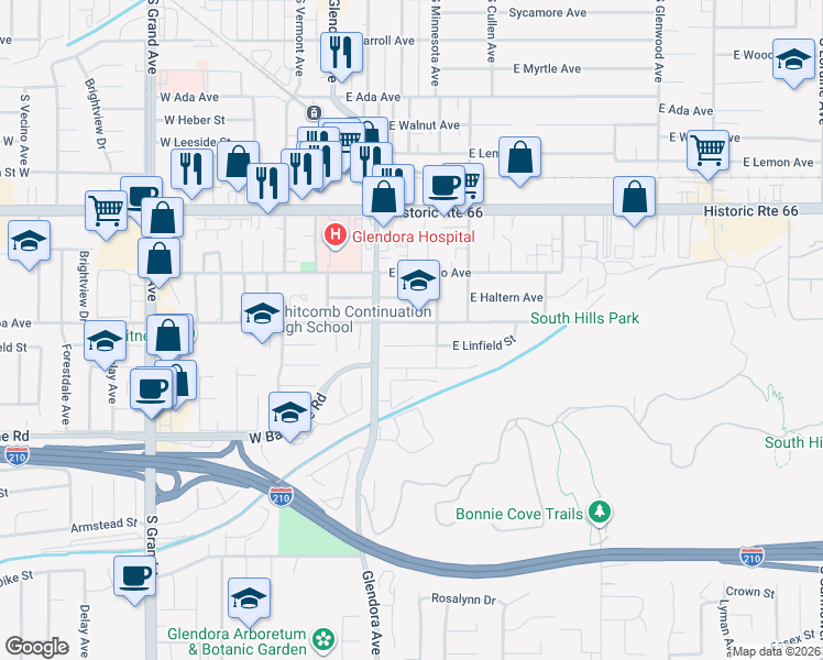 map of restaurants, bars, coffee shops, grocery stores, and more near 202 East Mauna Loa Avenue in Glendora