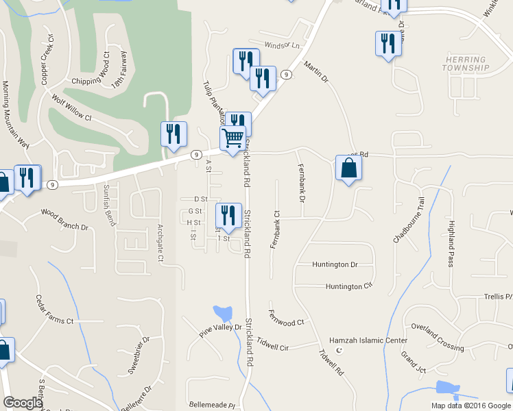 map of restaurants, bars, coffee shops, grocery stores, and more near 265 Strickland Road in Alpharetta