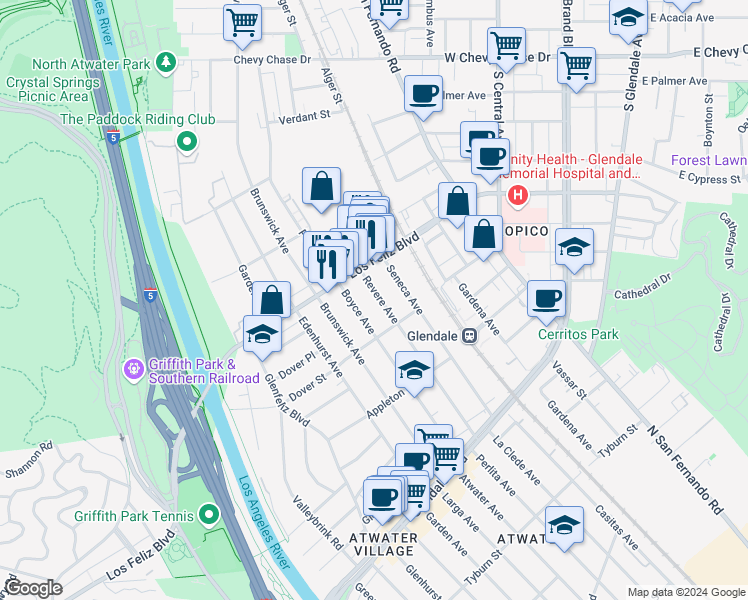 map of restaurants, bars, coffee shops, grocery stores, and more near 3938 Revere Avenue in Los Angeles