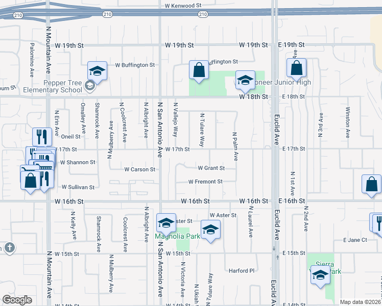 map of restaurants, bars, coffee shops, grocery stores, and more near 588 West 17th Street in Upland