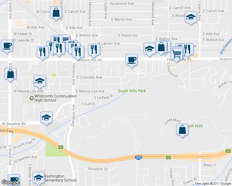 map of restaurants, bars, coffee shops, grocery stores, and more near 502 East Mauna Loa Avenue in Glendora