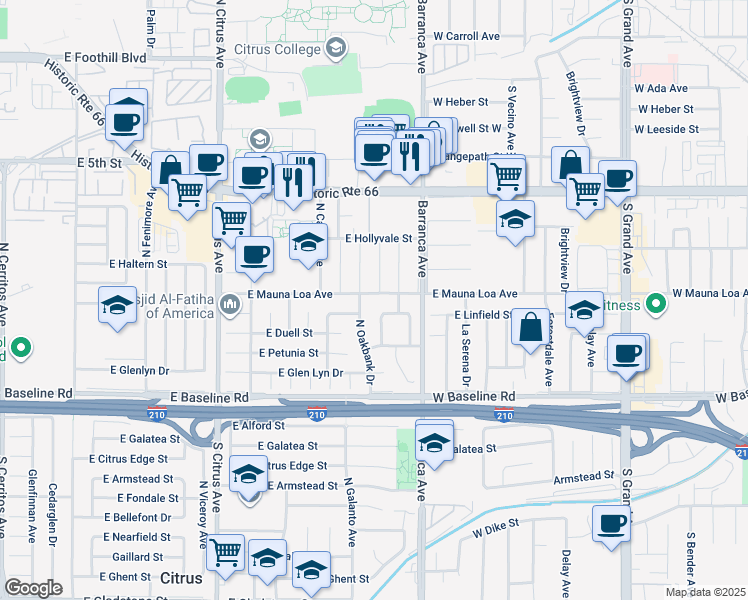 map of restaurants, bars, coffee shops, grocery stores, and more near 18766 East Mauna Loa Avenue in Azusa