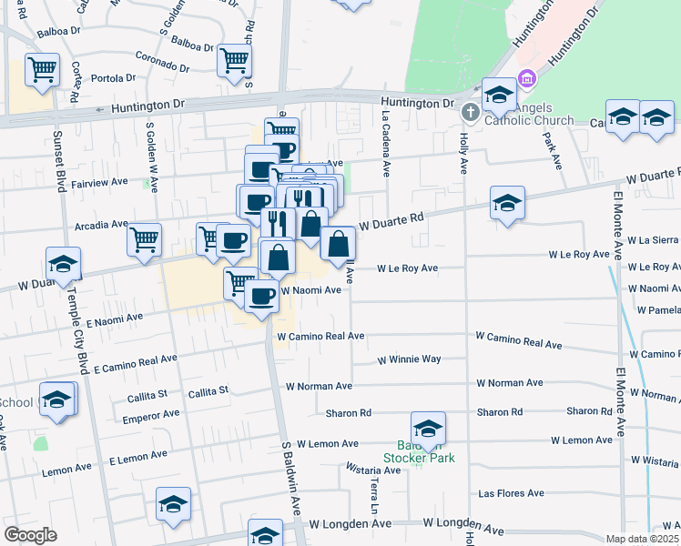 map of restaurants, bars, coffee shops, grocery stores, and more near 622 West Le Roy Avenue in Arcadia