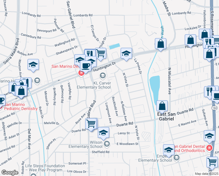 map of restaurants, bars, coffee shops, grocery stores, and more near 8264 Kinghurst Road in San Gabriel