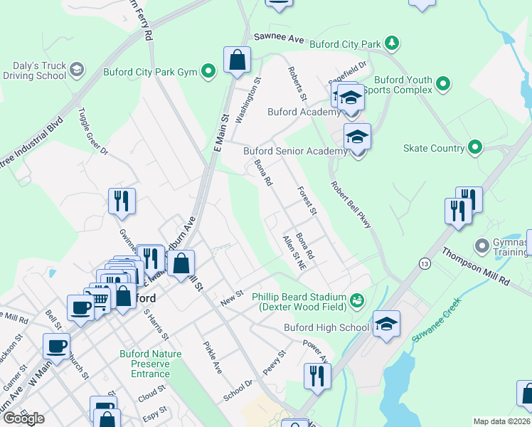 map of restaurants, bars, coffee shops, grocery stores, and more near 251 Bona Road in Buford