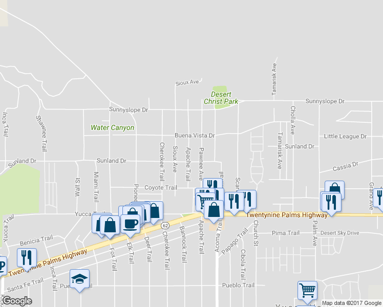 map of restaurants, bars, coffee shops, grocery stores, and more near 7071 Apache Trail in Yucca Valley