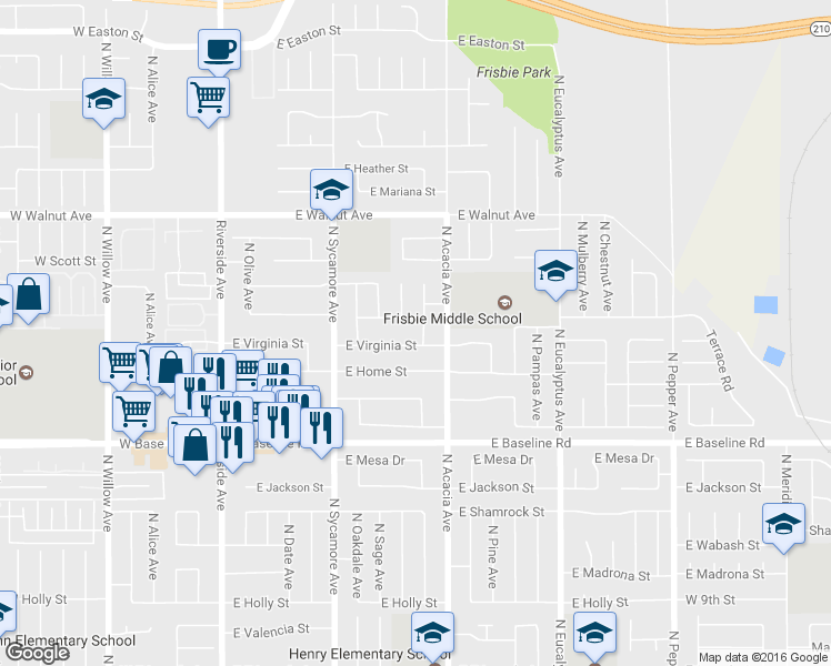 map of restaurants, bars, coffee shops, grocery stores, and more near 1394 N Joyce Ave in Rialto