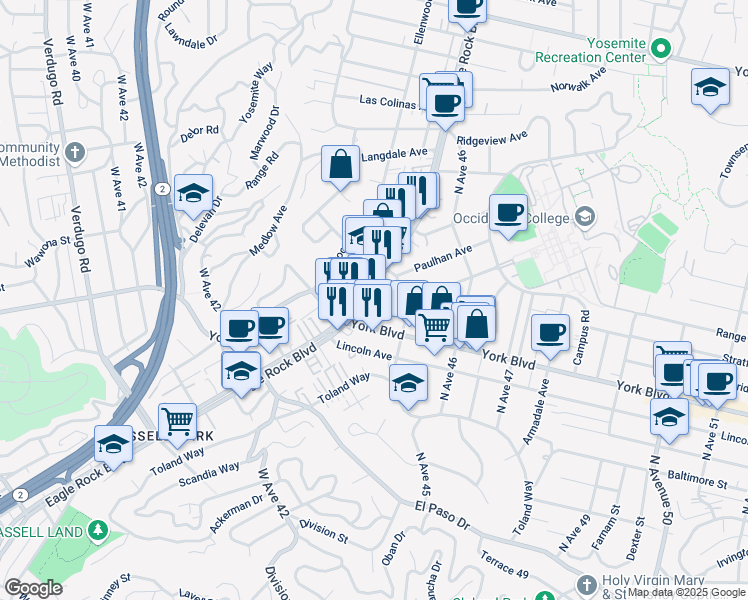 map of restaurants, bars, coffee shops, grocery stores, and more near 4428 North Eagle Rock Boulevard in Los Angeles