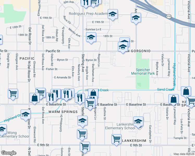 map of restaurants, bars, coffee shops, grocery stores, and more near 7093 Buchanan Avenue in San Bernardino