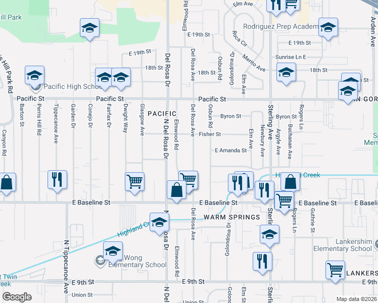 map of restaurants, bars, coffee shops, grocery stores, and more near 7098 Del Rosa Avenue in San Bernardino