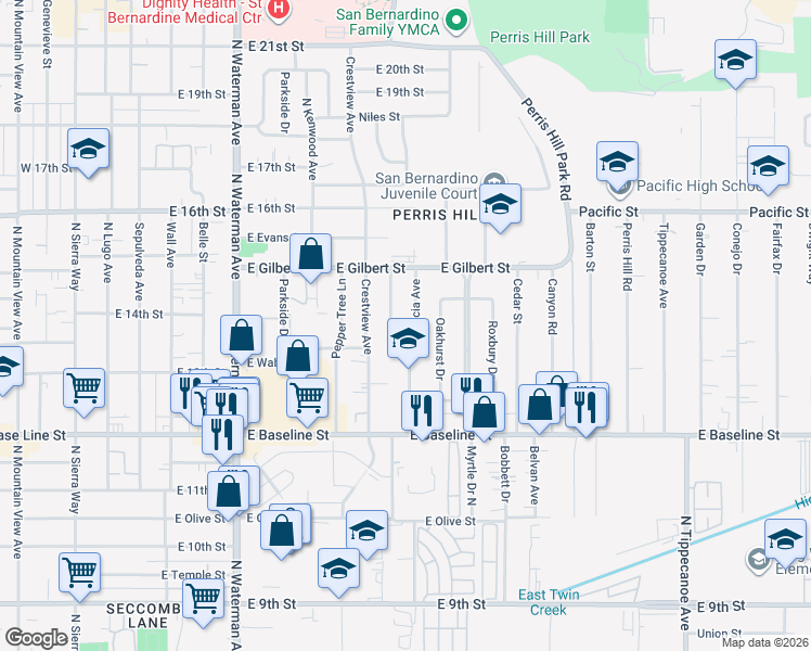 map of restaurants, bars, coffee shops, grocery stores, and more near 1401 Valencia Avenue in San Bernardino