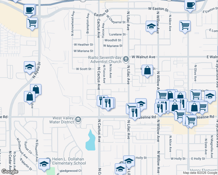 map of restaurants, bars, coffee shops, grocery stores, and more near 662 West Virginia Street in Rialto