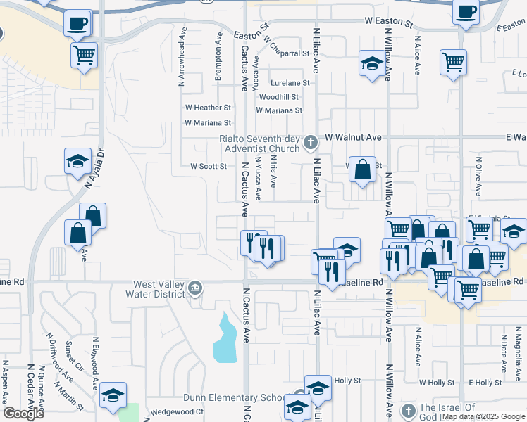 map of restaurants, bars, coffee shops, grocery stores, and more near 662 West Virginia Street in Rialto