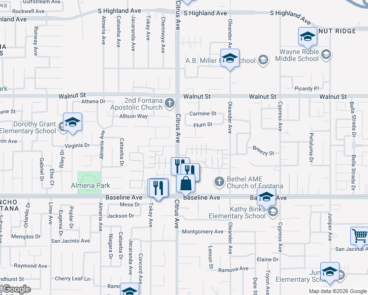 map of restaurants, bars, coffee shops, grocery stores, and more near 7155 Citrus Avenue in Fontana