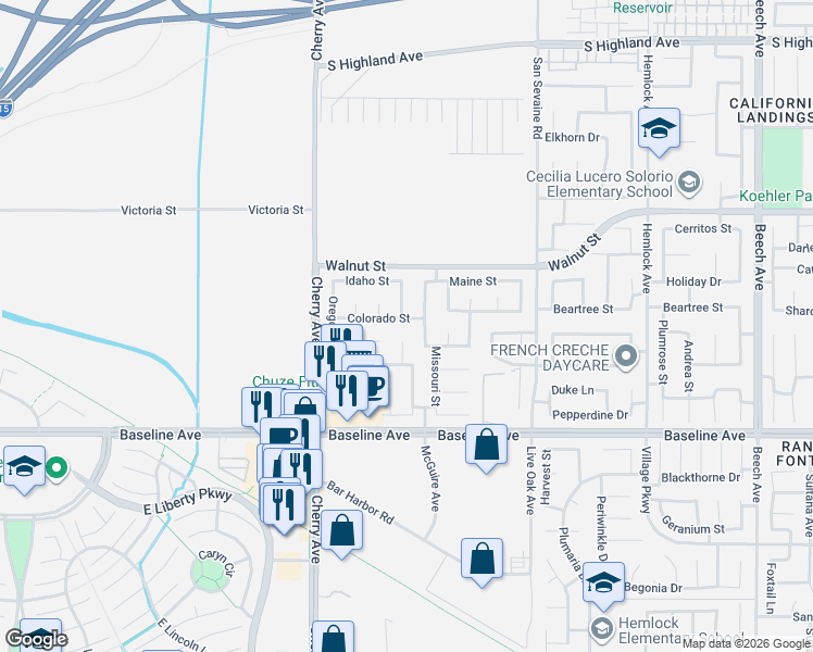 map of restaurants, bars, coffee shops, grocery stores, and more near 7104 Nebraska Street in Fontana
