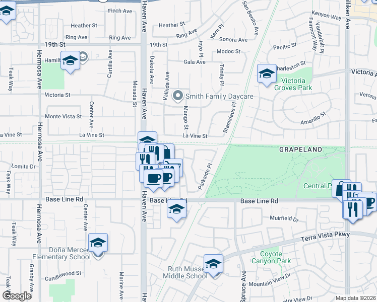 map of restaurants, bars, coffee shops, grocery stores, and more near 10702 Northview Drive in Rancho Cucamonga
