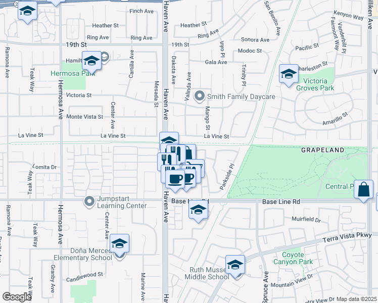 map of restaurants, bars, coffee shops, grocery stores, and more near 10571 Deerfield Drive in Rancho Cucamonga