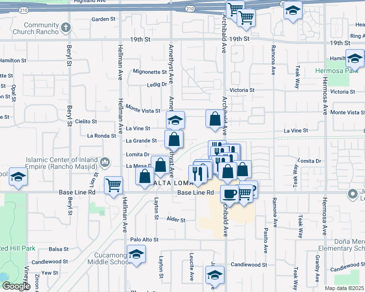 map of restaurants, bars, coffee shops, grocery stores, and more near 7125 Amethyst Avenue in Rancho Cucamonga