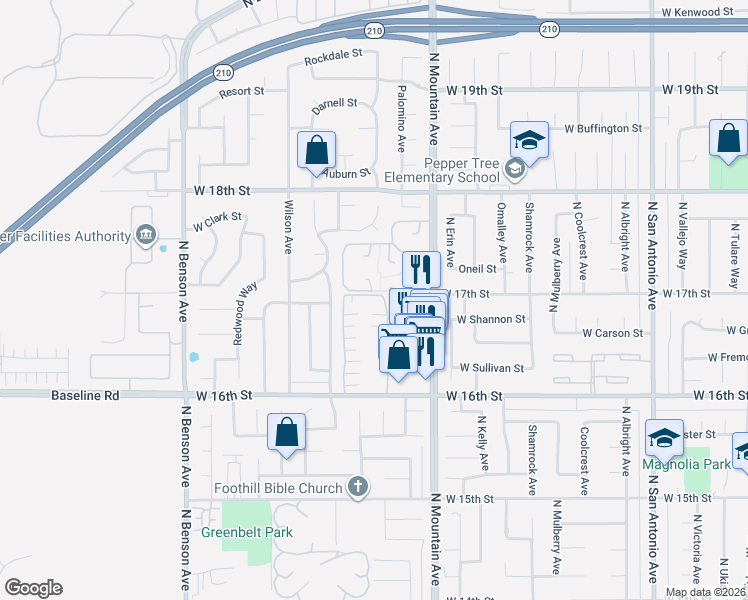 map of restaurants, bars, coffee shops, grocery stores, and more near 1698 Carmel Circle West in Upland